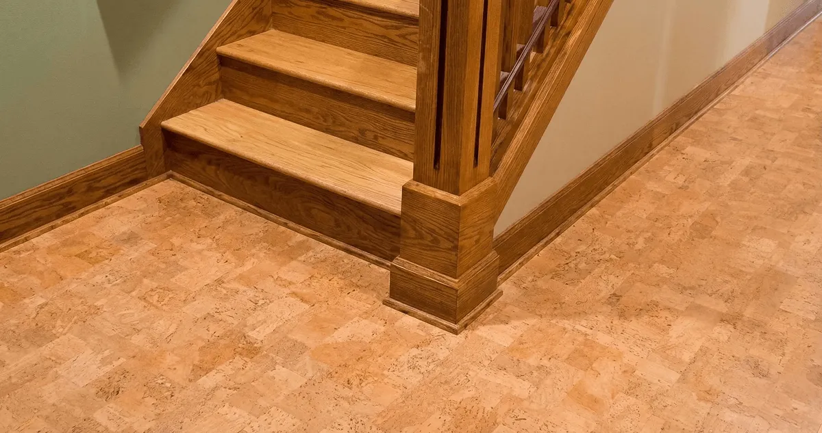 End of a staircase with cork flooring in Fargo, ND
